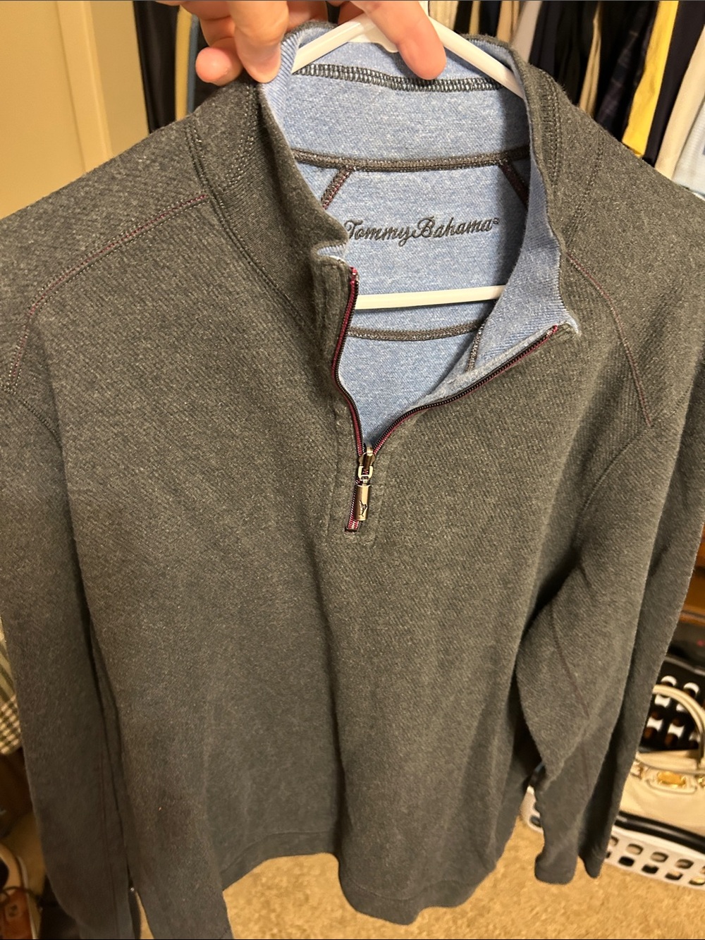 Tommy Bahama Men's Dark Gray Half-Zip Sweater with Light Blue Collar Lining